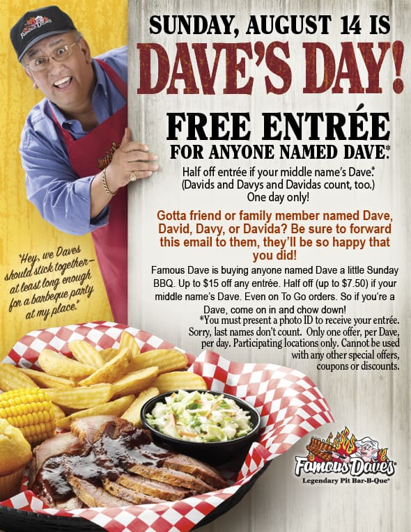 Free Famous Dave’s BBQ on August 14