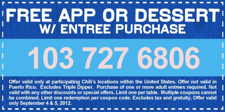 Chilis Free Appetizer or Dessert September 2012