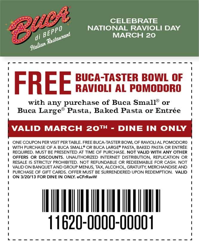 Buca di Beppo Coupon Free Ravioli on March 20, 2013