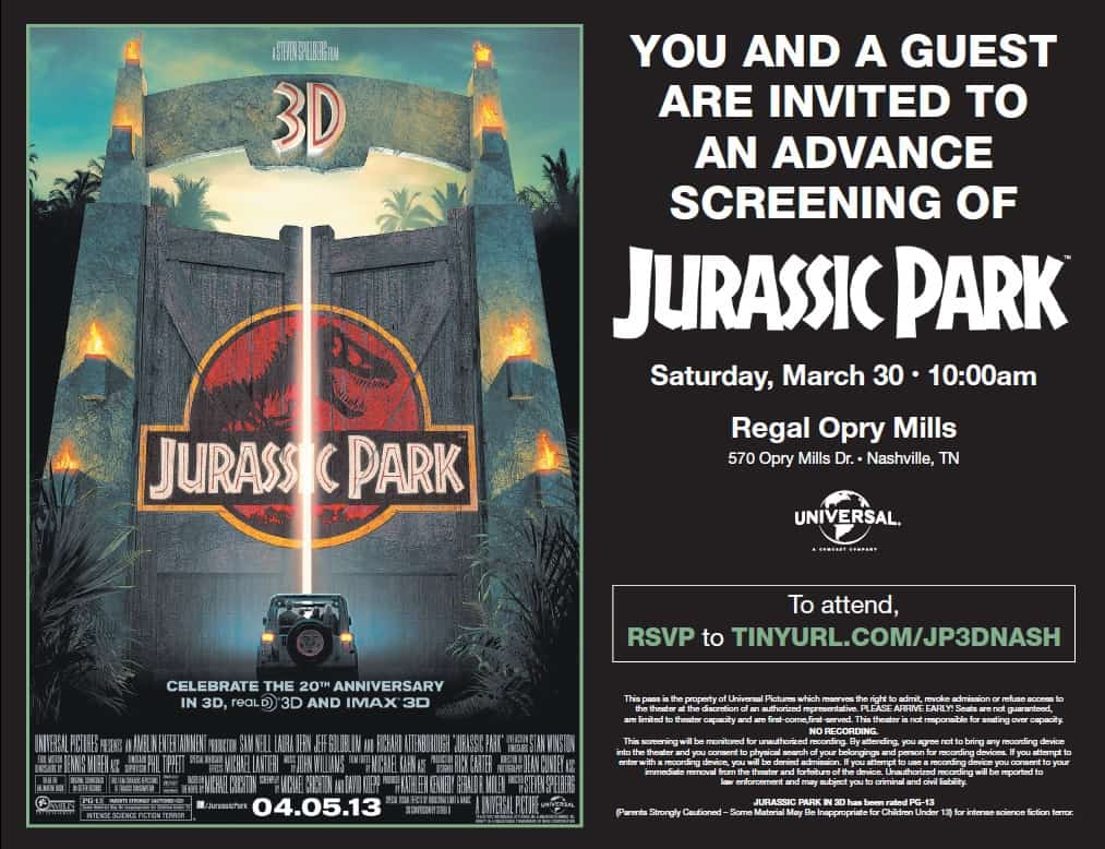 Free Jurassic Park 3D Movie Premiere Tickets for Nashville!