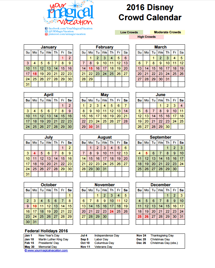 2016 Disney Crowd Calendar
