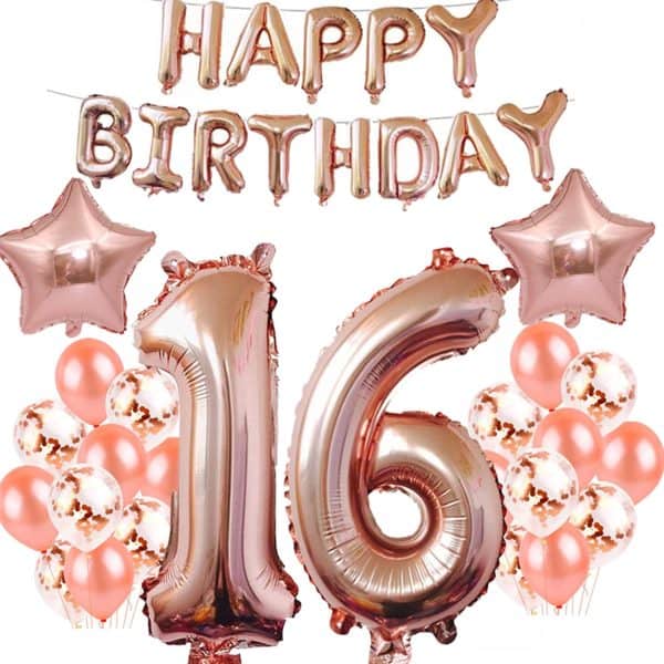 rose gold sweet 16 happy birthday balloons