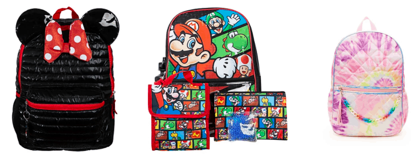 Macys back to school backpacks for 2021, Minnie Mouse and tie-dye styles.