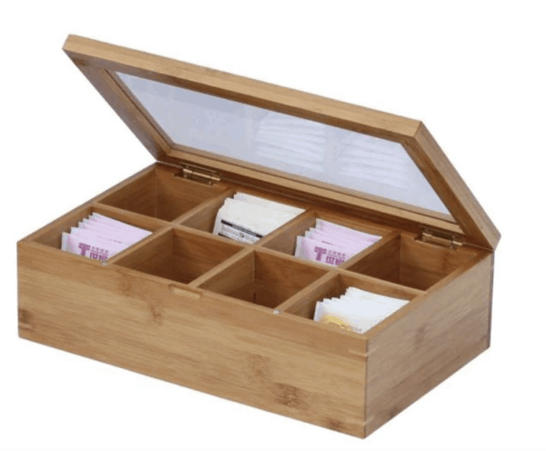 8-Compartment Bamboo Tea Box with Hinged Lid