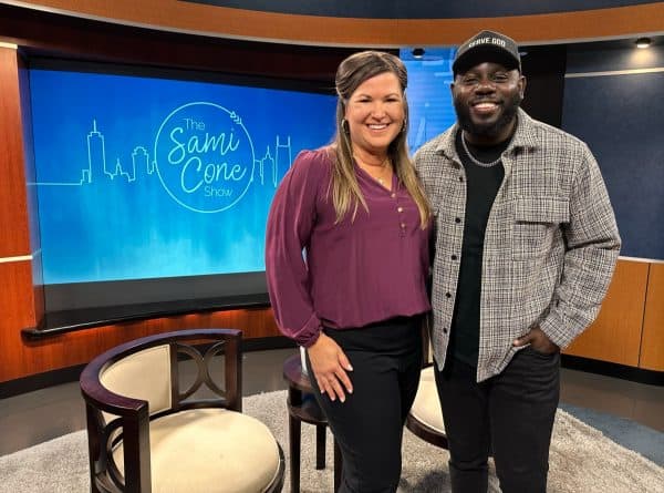 Sami Cone and Jonathan Traylor standing on set of The Sami Cone Show horizontal 